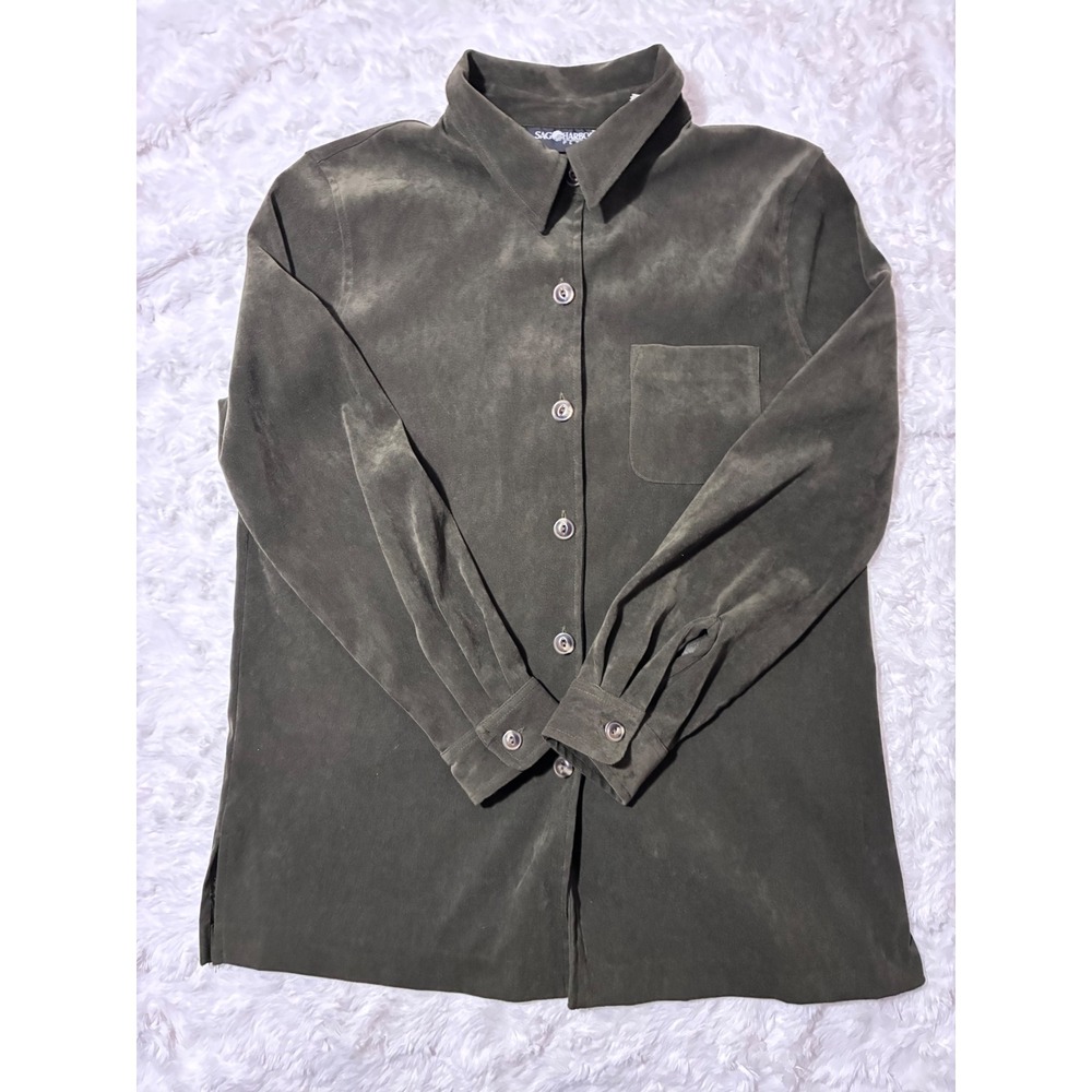 Y2K Vintage Olive Green Velvet Button Down Shirt Top Size 12P SOFT